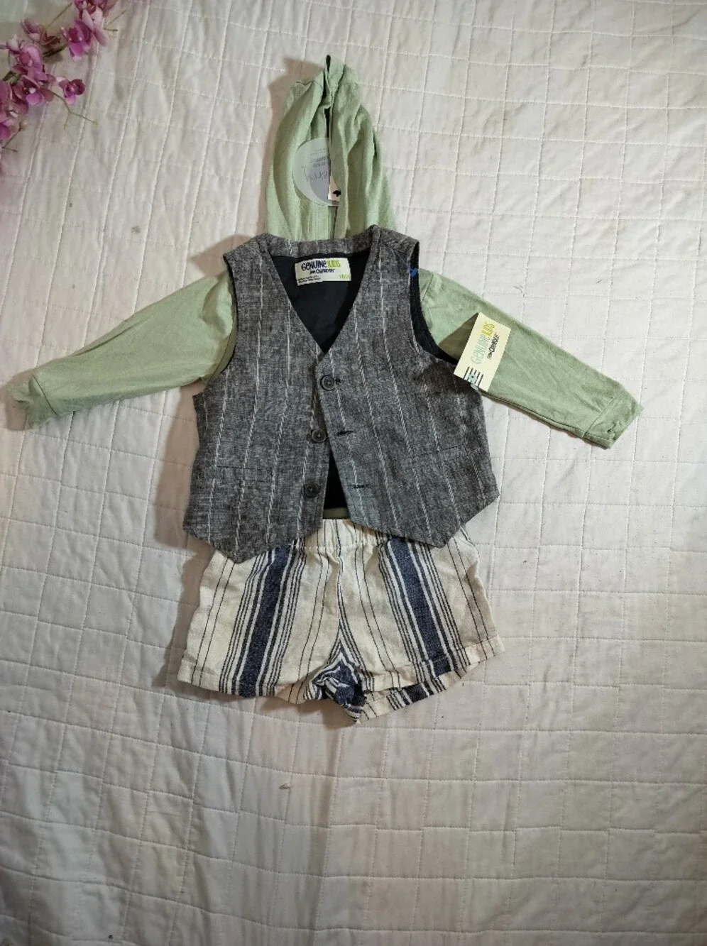 Green Hooded Top and Striped Shorts